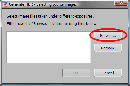 Generate HDR - Selecting source images, click Browse...